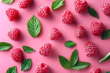 Wall Mural - Fresh raspberries and green leaves on a vibrant pink background