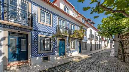 A classic but renovated Lisbon townhouse with azulejo tiles, vivid blue and white tiles with intricate patterns, wide cobblestone street, warm and welcoming atmosphere