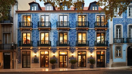 A classic but renovated Lisbon townhouse with azulejo tiles, vivid blue and white tiles with intricate patterns, wide cobblestone street, warm and welcoming atmosphere