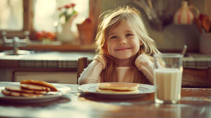 Wall Mural - cute little girl drinking milk at home