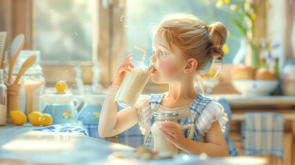 Wall Mural - cute little girl drinking milk at home