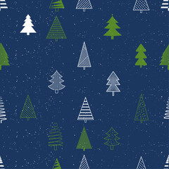 Poster - Christmas trees are green and white on a blue canvas. Seamless New Year's background with simple Christmas trees for the New Year.