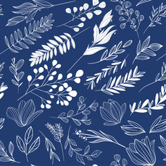 Leinwandbilder - Blue background from stems and twigs of various plants. Vector and floral background.