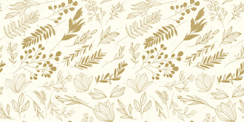 Poster - Golden background of stems and twigs of various plants. Vector and floral background.