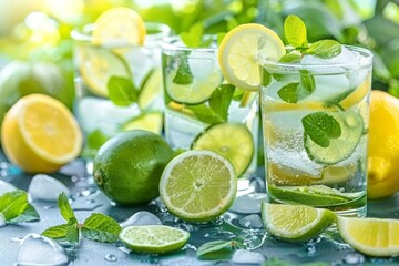 Poster - Fresh lime and lemon water with mint vibrant and healthy representing freshness and hydration detailed and inviting