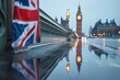 © AiHRG Design - A vibrant Union Jack flags stands beside a rain-soaked path, mirroring the iconic Big Ben and glistening street lights in a tranquil London evening.