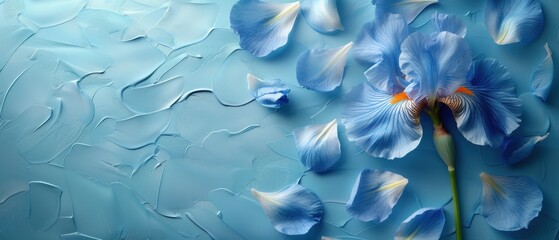 Sticker - Elegant Blue Iris Flower with Petals on Textured Blue Background - Artistic Floral Composition