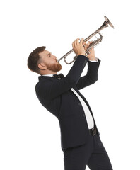 Poster - Handsome musician playing trumpet on white background