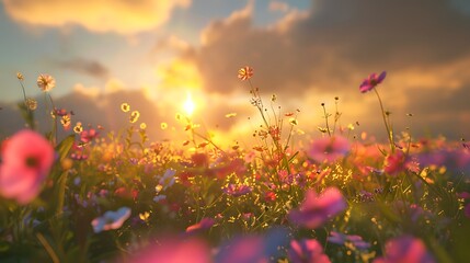 Wall Mural - A soft, golden sunset over a quiet field of wildflowers, with a gentle breeze swaying the blooms.