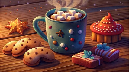 Christmas cocoa with marshmallows and gingerbread cookies on wooden table