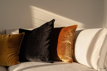 A close-up shot of three black, brown and mustard velvet cushions on the sofa in an elegant living room with white walls. The sunlight is shining through the window casting soft shadows over them.