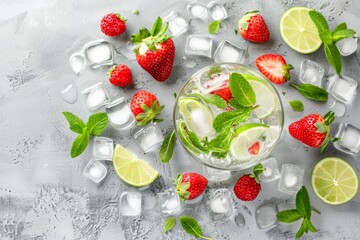 Wall Mural - Fresh fruit arrangement with strawberries limes and mint on ice vibrant and cool representing freshness and health detailed and inviting