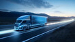 © New Arty - The futuristic blue truck is traveling on the highway. Generated Ai