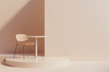 Fototapete - A simple white chair and round table stand on a platform in a white room with pale pink walls. Generative AI