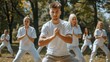 © Peeradontax - A diverse group of people practicing Tai Chi outdoors in a park, dressed in white clothing.