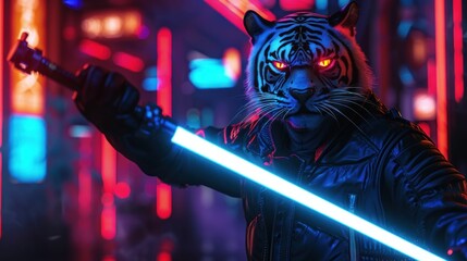 Canvas Print - Tiger with Lightsaber in a Cyberpunk City