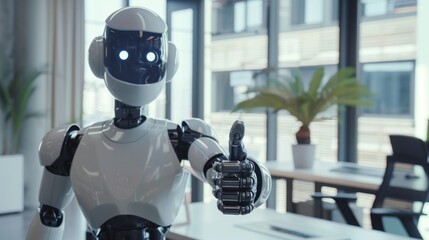 Canvas Print - A robot is standing in front of a desk with a thumbs up gesture