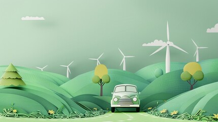 A vintage car driving through a paper cut countryside with rolling hills and windmills on a pastel green background a nostalgic journey