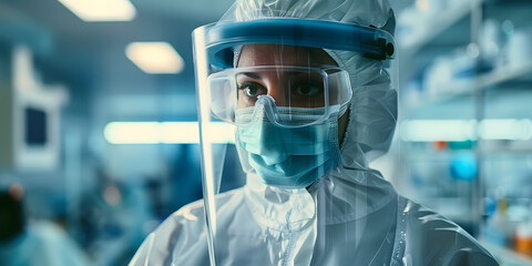 Poster - Biotech facility worker in cleanroom wearing protective gear in pharmaceutical industry. Concept Biotech, Cleanroom, Protective Gear, Pharmaceuticals, Pharmaceutical Industry