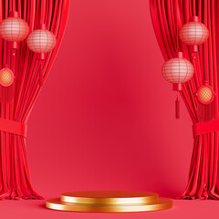 Fototapete - Empty Golden Product Display Podium with Red Curtains and  Lanterns in China Style. 3d Rendering