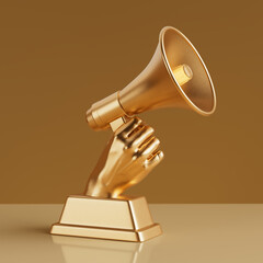 Aufkleber - Golden Business Award Trophy in Shape of Hand with Megaphone. 3d Rendering