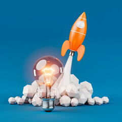 Aufkleber - Startup Creative Idea Concept. Toy Rocket Takes Off Spewing Smoke with Creative Light Bulb. 3d Rendering