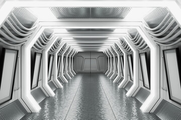 Poster - Bright Futuristic Sci-Fi Hallway Corridor of Spaceship Interior. 3d Rendering