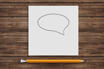 Leinwandbilder - White Paper with Speech Bubble and Pencil on a Wooden Desk. 3d Rendering