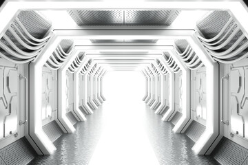 Poster - Bright Futuristic Sci-Fi Hallway Corridor of Spaceship Interior. 3d Rendering