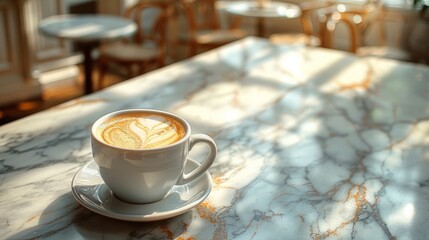 Wall Mural - Cup of coffee with latte art is sitting on a marble table in a cafe, bathed in warm sunlight