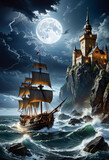 An ancient sailing ship in a stormy sea, a castle on a cliff