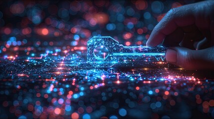 Wall Mural - businessman holding futuristic glowing key over digital network