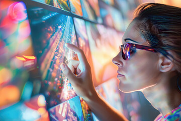 Young woman designer using interactive touchscreen display for editing images