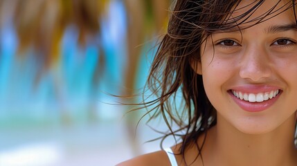 Wall Mural - A woman with long hair is smiling and looking at the camera. The background features a palm tree and the ocean