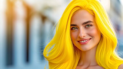 Wall Mural - A woman with bright yellow hair is smiling and looking at the camera. The image has a cheerful and positive mood, as the woman's bright hair and smile convey a sense of happiness and confidence