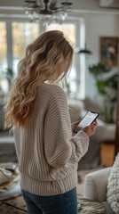 Wall Mural - A woman with long, blonde, wavy hair in a beige sweater and jeans stands in a stylish living room with green accents, plants, books, a remote, and a casual vibe, looking at her phone.