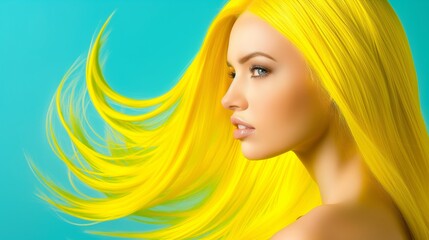 Wall Mural - A woman with long yellow hair is shown with a blue background. The hair is long and flowing, giving the impression of a wild and free spirit