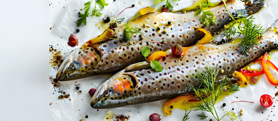 Wall Mural - Baked trout with a side of garnish and a blank copy space image.