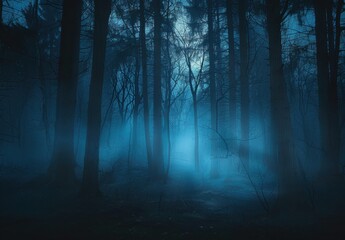 a moonlit forest shrouded in mist with tall, dark trees and an eerie blue hue.
