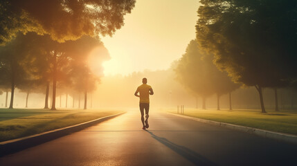 Early in the morning, a man decided to run in the park, joining other joggers for fall fitness training. run, morning, park, early, jog, training, man, fall, jogger, fitness, runner, workout, day