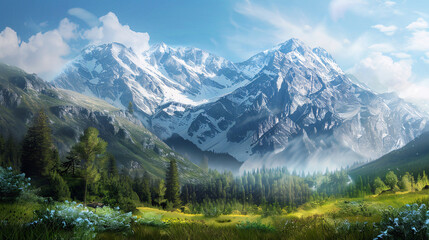 Wall Mural - A stunning mountain landscape with blue sky and green trees. Perfect for travel and adventure promotions.