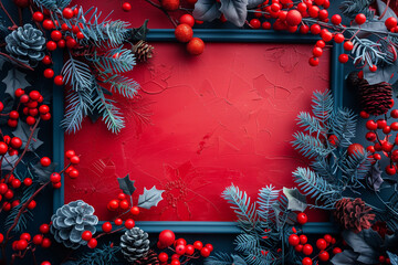 Wall Mural - christmas frame with gifts and christmas tree on red background
