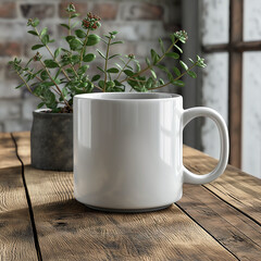 Poster - White Mug with Greenery, A white ceramic mug placed on a wooden table with greenery in the background