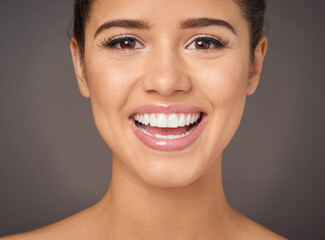 Wall Mural - Teeth, portrait and happy woman in studio with confidence for hygiene, dental care or treatment on gray background. Aesthetic, clean and female model with smile for whitening, shine or satisfaction