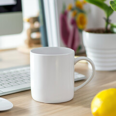 Poster - White mug on a desk next to a laptop and plant