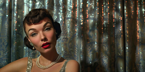 Old Hollywood Glamour: A beautiful pin-up model in a classic Hollywood dress and pearl necklace, posing in front of a silver sequined curtain.