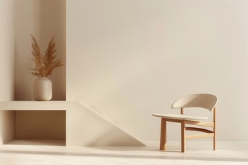 Poster - A sleek chair in light color rests on a white floor in a minimalist room, facing a white wall and a shelf displaying dried pampas grass in a vase. Generative AI
