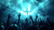 © Neuropixel - A vibrant worship scene featuring a large silhouette of a cross illuminated by dynamic blue lights and hands raised in the air, symbolizing praise and spiritual connection.