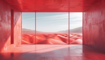 Wall Mural - Abstract red interior with empty window and mountain view.