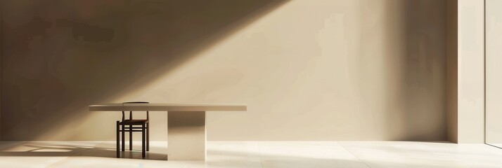 Poster - A single wooden chair sits at a white table in a large, airy room with natural light illuminating the space. Generative AI